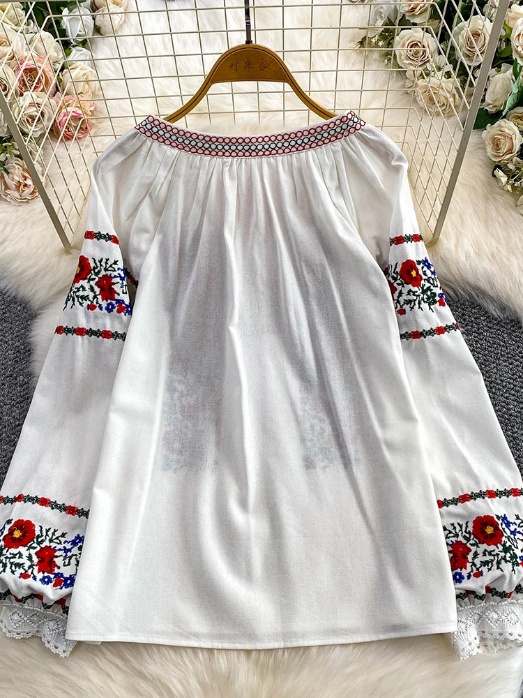 Women's Autumn Bohemian Blouse Ethnic Embroidered O-Neck Shirt Casual Bow Tie Loose Top Linen-cotton Female Pullovers Girl BL256