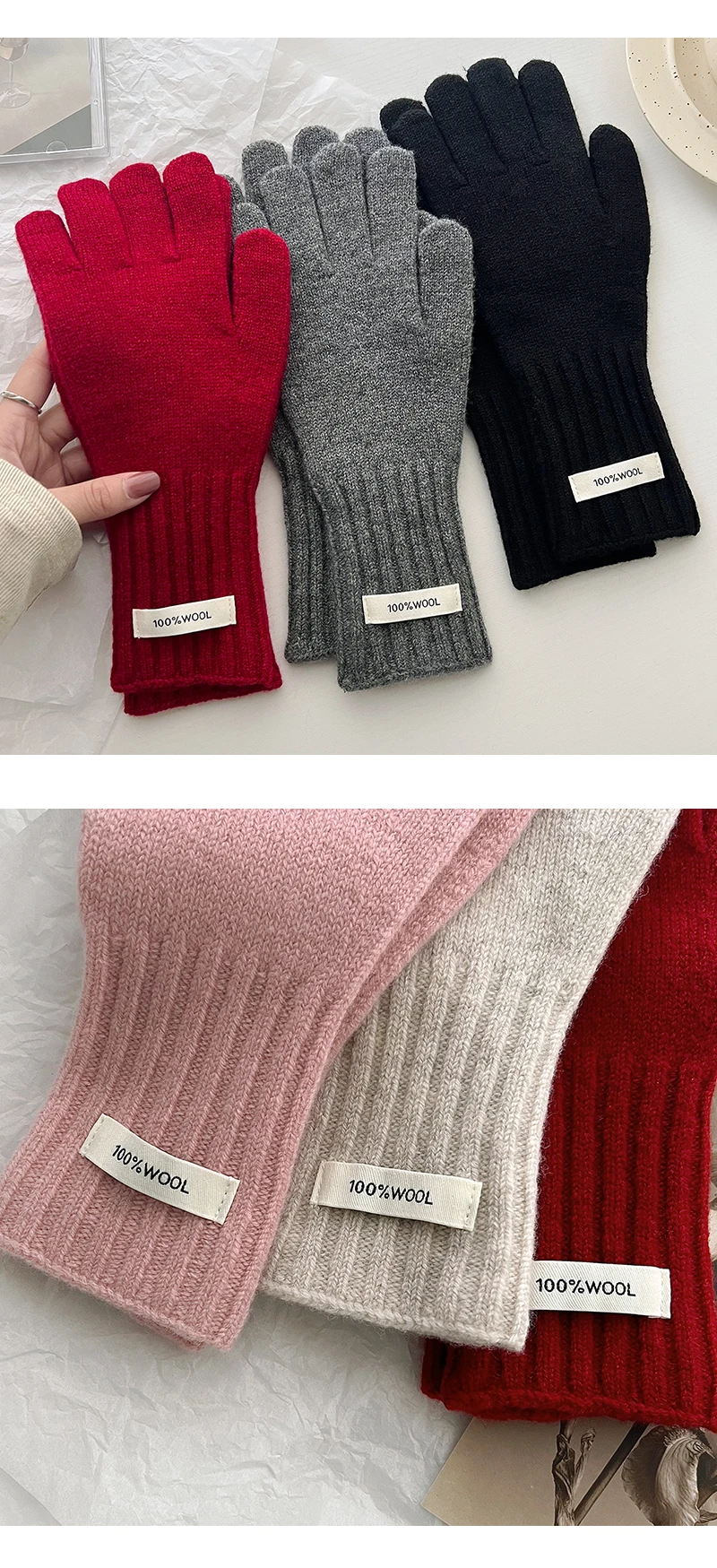 100% Wool Gloves Lady Touchscreen Finger Hole Winter Autumn Women Warm Wrist Length Classic Knitted Gloves Female Mitten 2025