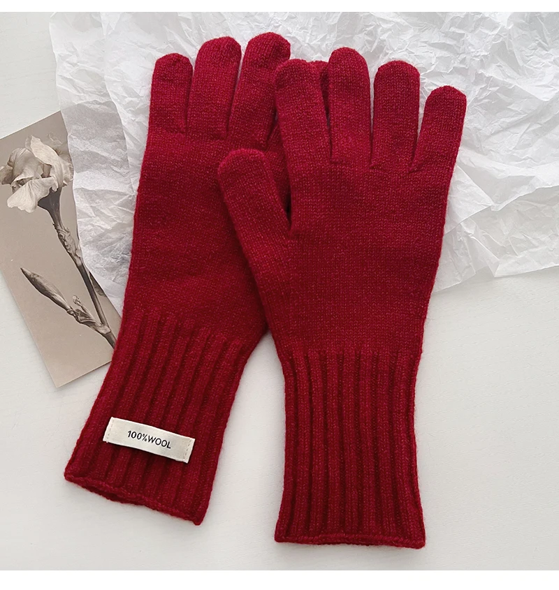 100% Wool Gloves Lady Touchscreen Finger Hole Winter Autumn Women Warm Wrist Length Classic Knitted Gloves Female Mitten 2025