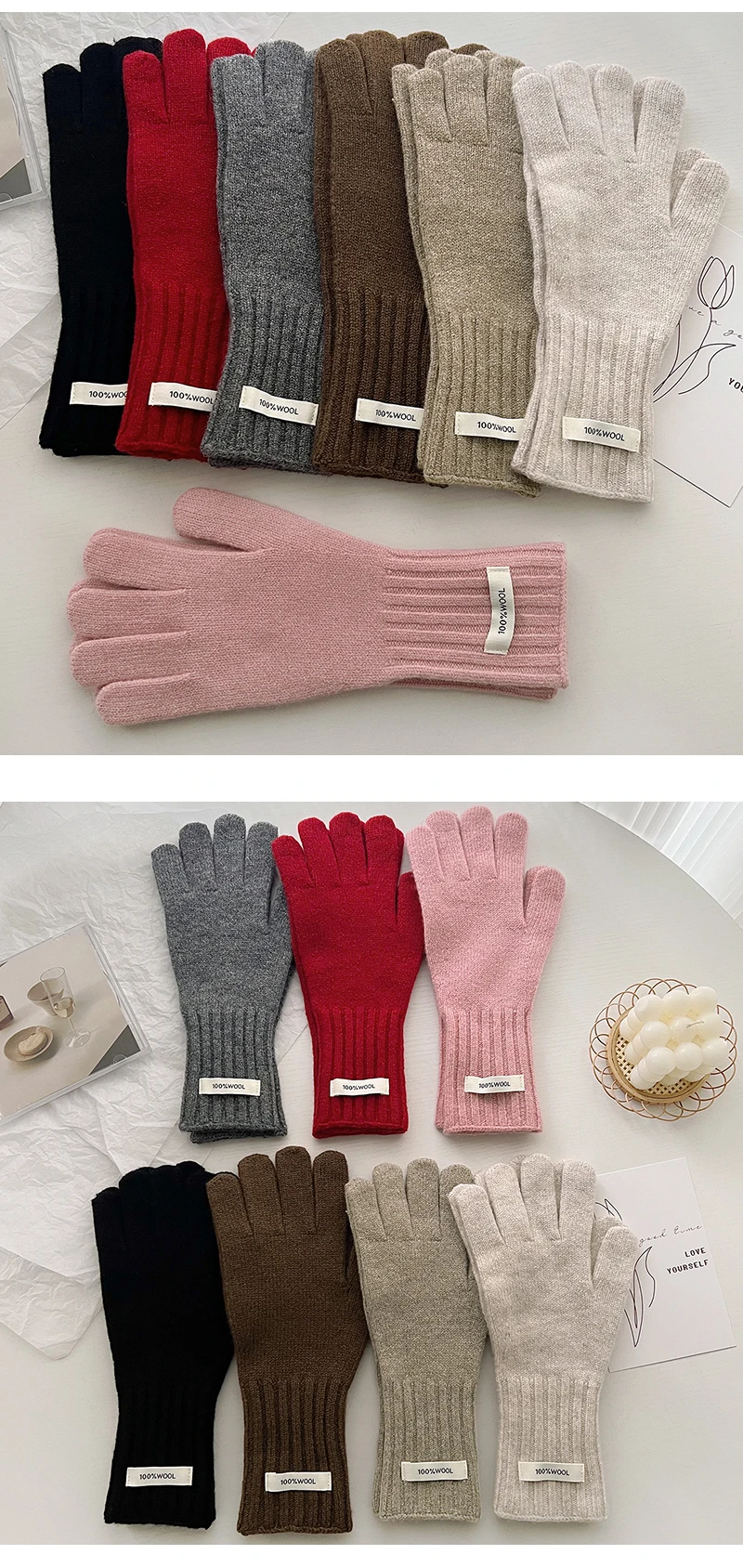 100% Wool Gloves Lady Touchscreen Finger Hole Winter Autumn Women Warm Wrist Length Classic Knitted Gloves Female Mitten 2025