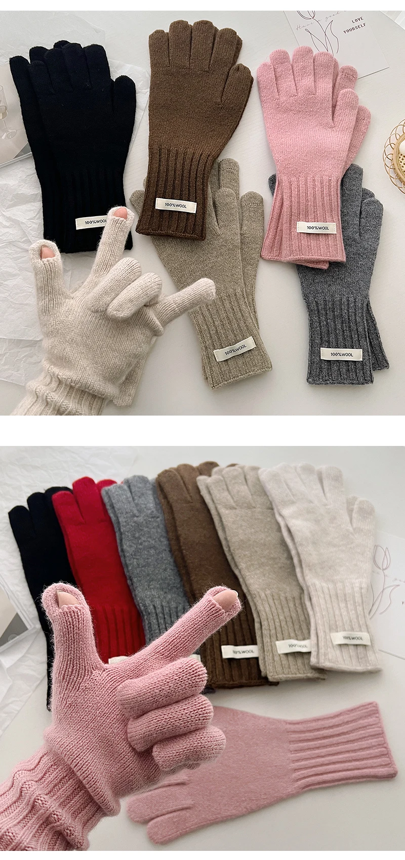 100% Wool Gloves Lady Touchscreen Finger Hole Winter Autumn Women Warm Wrist Length Classic Knitted Gloves Female Mitten 2025
