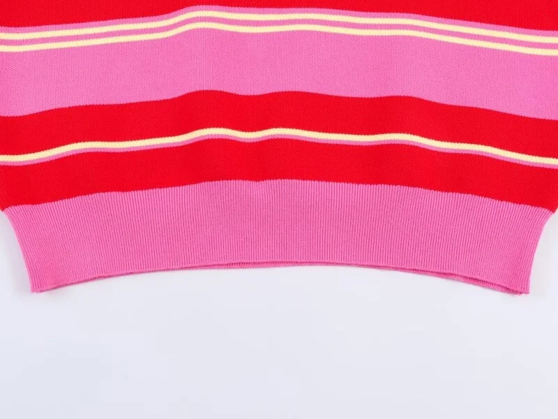 2026 Pink Red Striped Polo Knit Pullover - Women's Turn Down Collar Long Sleeve Loose Top, Spring Autumn Casual Wear for Daily