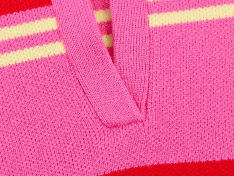 2026 Pink Red Striped Polo Knit Pullover - Women's Turn Down Collar Long Sleeve Loose Top, Spring Autumn Casual Wear for Daily