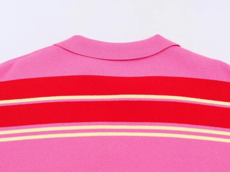 2026 Pink Red Striped Polo Knit Pullover - Women's Turn Down Collar Long Sleeve Loose Top, Spring Autumn Casual Wear for Daily