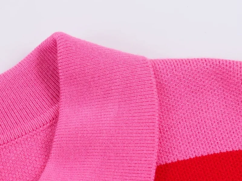 2026 Pink Red Striped Polo Knit Pullover - Women's Turn Down Collar Long Sleeve Loose Top, Spring Autumn Casual Wear for Daily