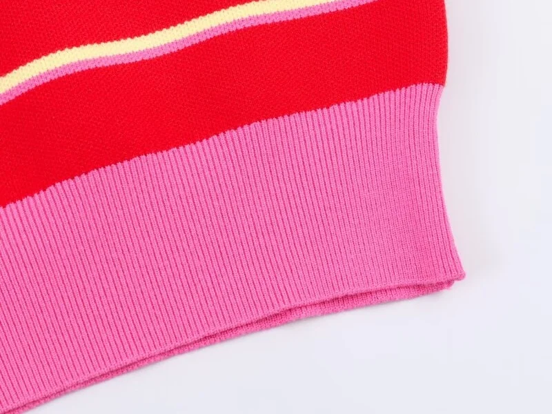 2026 Pink Red Striped Polo Knit Pullover - Women's Turn Down Collar Long Sleeve Loose Top, Spring Autumn Casual Wear for Daily