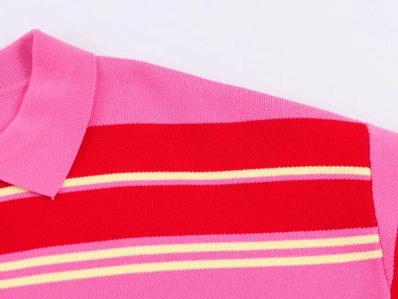 2026 Pink Red Striped Polo Knit Pullover - Women's Turn Down Collar Long Sleeve Loose Top, Spring Autumn Casual Wear for Daily