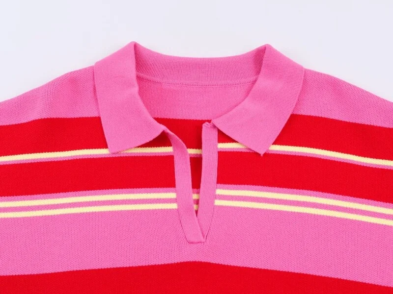 2026 Pink Red Striped Polo Knit Pullover - Women's Turn Down Collar Long Sleeve Loose Top, Spring Autumn Casual Wear for Daily