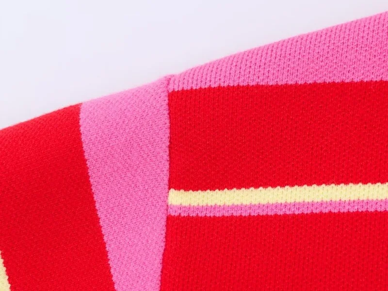 2026 Pink Red Striped Polo Knit Pullover - Women's Turn Down Collar Long Sleeve Loose Top, Spring Autumn Casual Wear for Daily