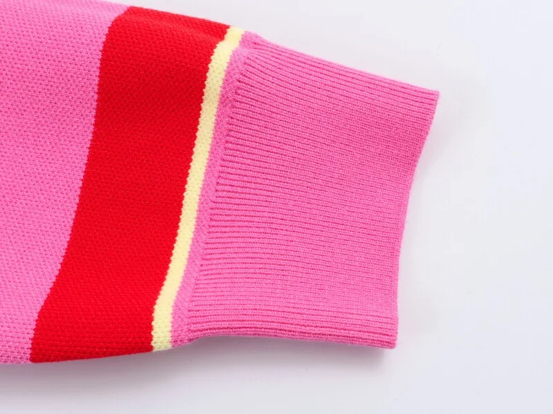 2026 Pink Red Striped Polo Knit Pullover - Women's Turn Down Collar Long Sleeve Loose Top, Spring Autumn Casual Wear for Daily