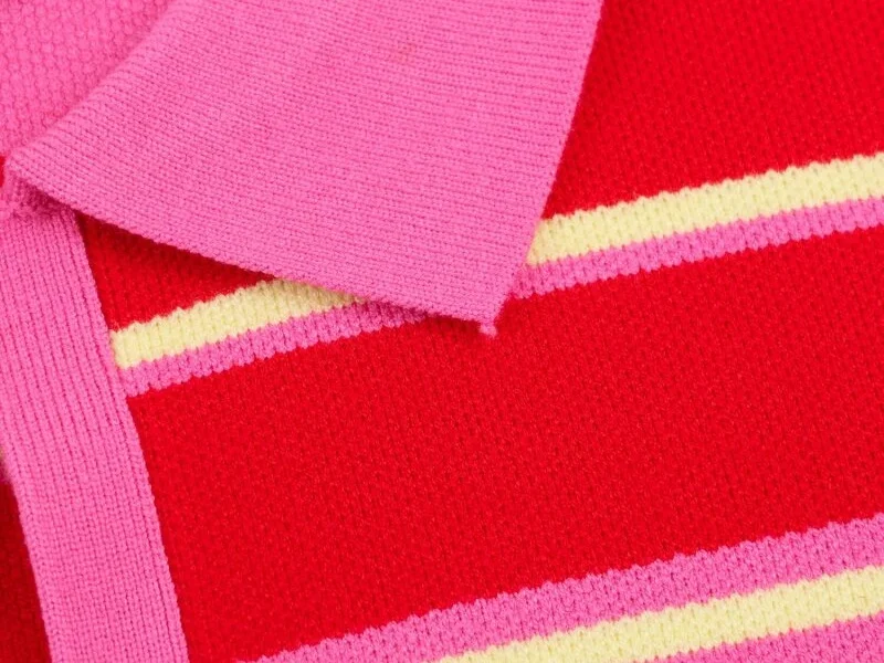 2026 Pink Red Striped Polo Knit Pullover - Women's Turn Down Collar Long Sleeve Loose Top, Spring Autumn Casual Wear for Daily