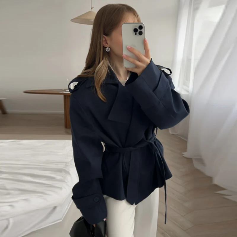 French Minimal Cropped Trench Coat Office Belted Jackets Women Outerwear Casual Chic Spring Stylish Daily Fashion Outfits
