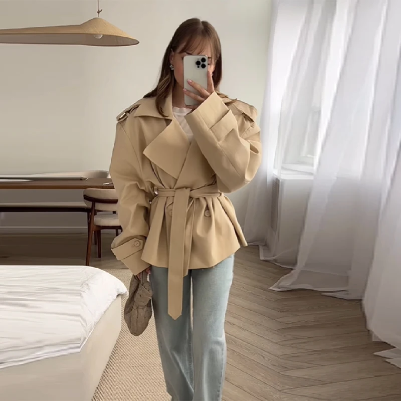 French Minimal Cropped Trench Coat Office Belted Jackets Women Outerwear Casual Chic Spring Stylish Daily Fashion Outfits