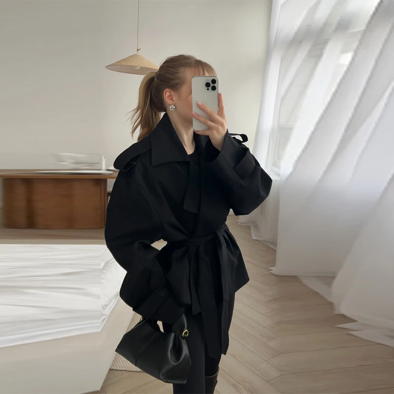 French Minimal Cropped Trench Coat Office Belted Jackets Women Outerwear Casual Chic Spring Stylish Daily Fashion Outfits