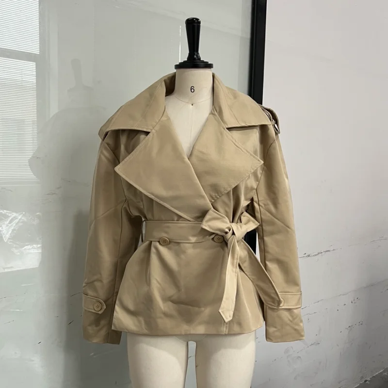 French Minimal Cropped Trench Coat Office Belted Jackets Women Outerwear Casual Chic Spring Stylish Daily Fashion Outfits