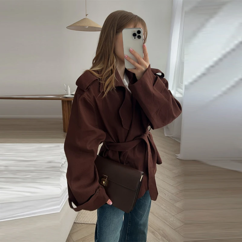 French Minimal Cropped Trench Coat Office Belted Jackets Women Outerwear Casual Chic Spring Stylish Daily Fashion Outfits