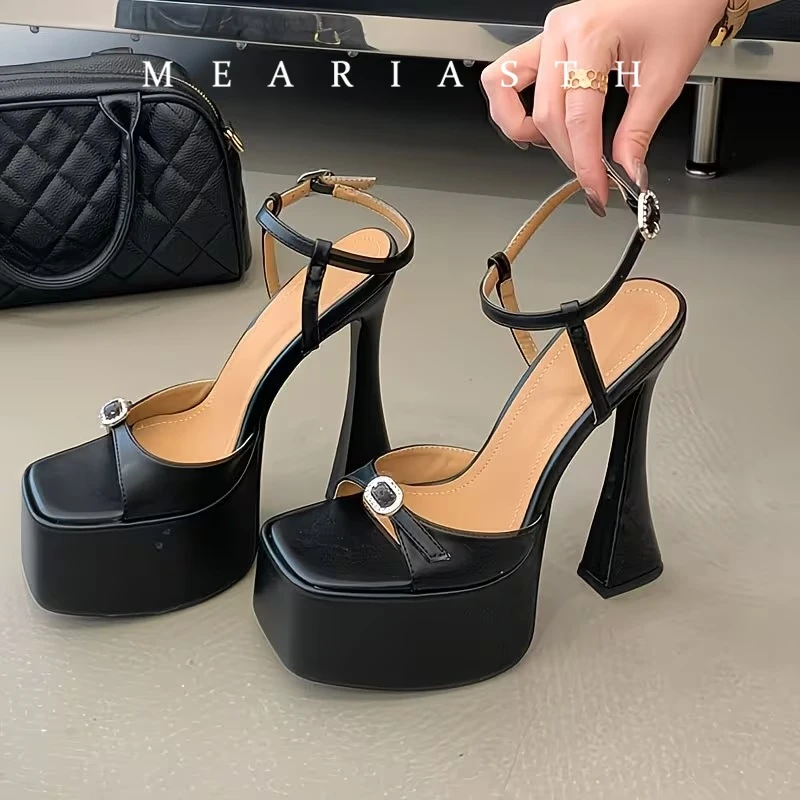 New Fashion Crystal Buckle Ankle Strap Platform Sandals Women Square Head White 16cm High Heels Wedding Banquet Shoes Size 40