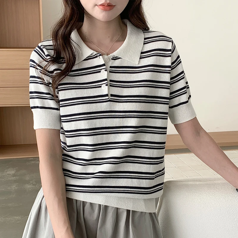 WinvyNee Summer Women's Pure Cotton Sweaters Polo T-Shirts White Half Sleeve Striped Tees Y2k Outerwears Pullover Tops ZA1523012