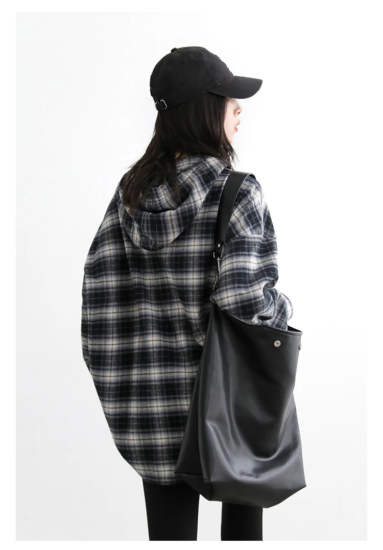 CHIC VEN Korean Women Shirt New Cotton Brushed Hooded Plaid Blouses Long Sleeved Oversize Female Coat Autumn Winter 2025