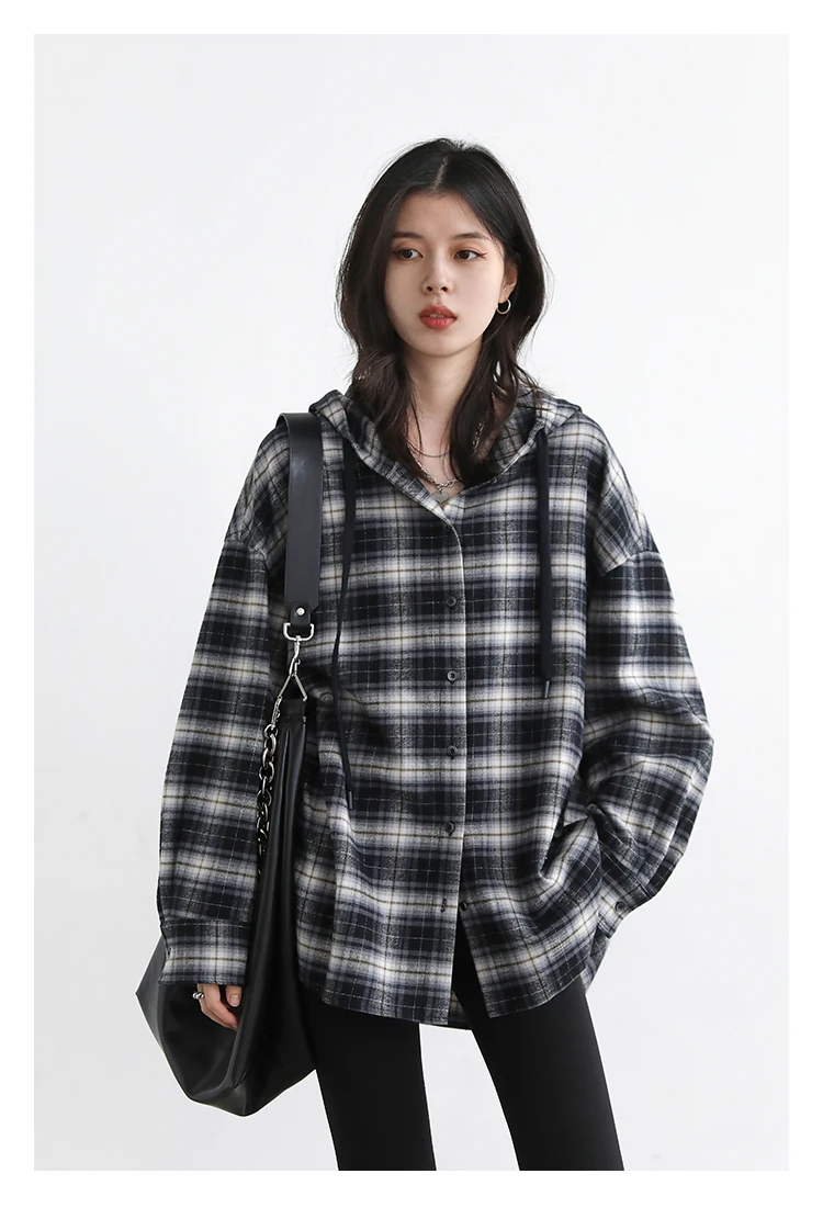CHIC VEN Korean Women Shirt New Cotton Brushed Hooded Plaid Blouses Long Sleeved Oversize Female Coat Autumn Winter 2025