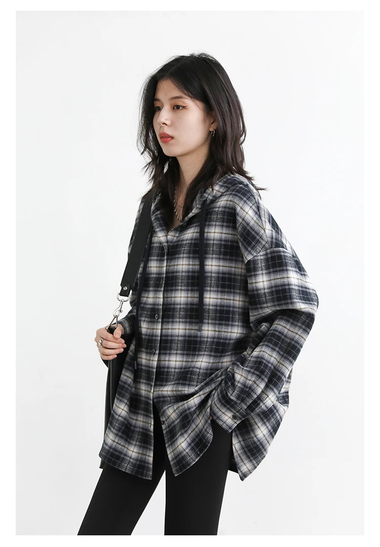CHIC VEN Korean Women Shirt New Cotton Brushed Hooded Plaid Blouses Long Sleeved Oversize Female Coat Autumn Winter 2025