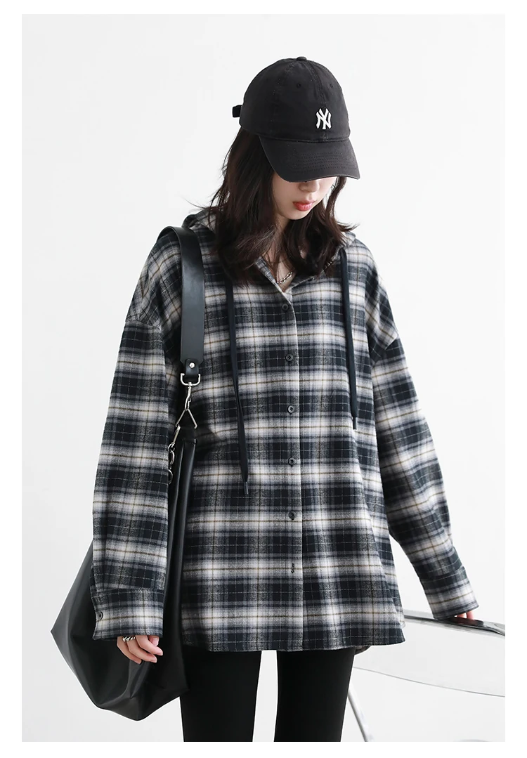 CHIC VEN Korean Women Shirt New Cotton Brushed Hooded Plaid Blouses Long Sleeved Oversize Female Coat Autumn Winter 2025
