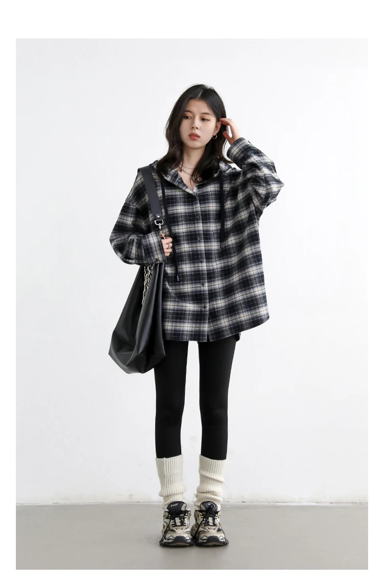 CHIC VEN Korean Women Shirt New Cotton Brushed Hooded Plaid Blouses Long Sleeved Oversize Female Coat Autumn Winter 2025