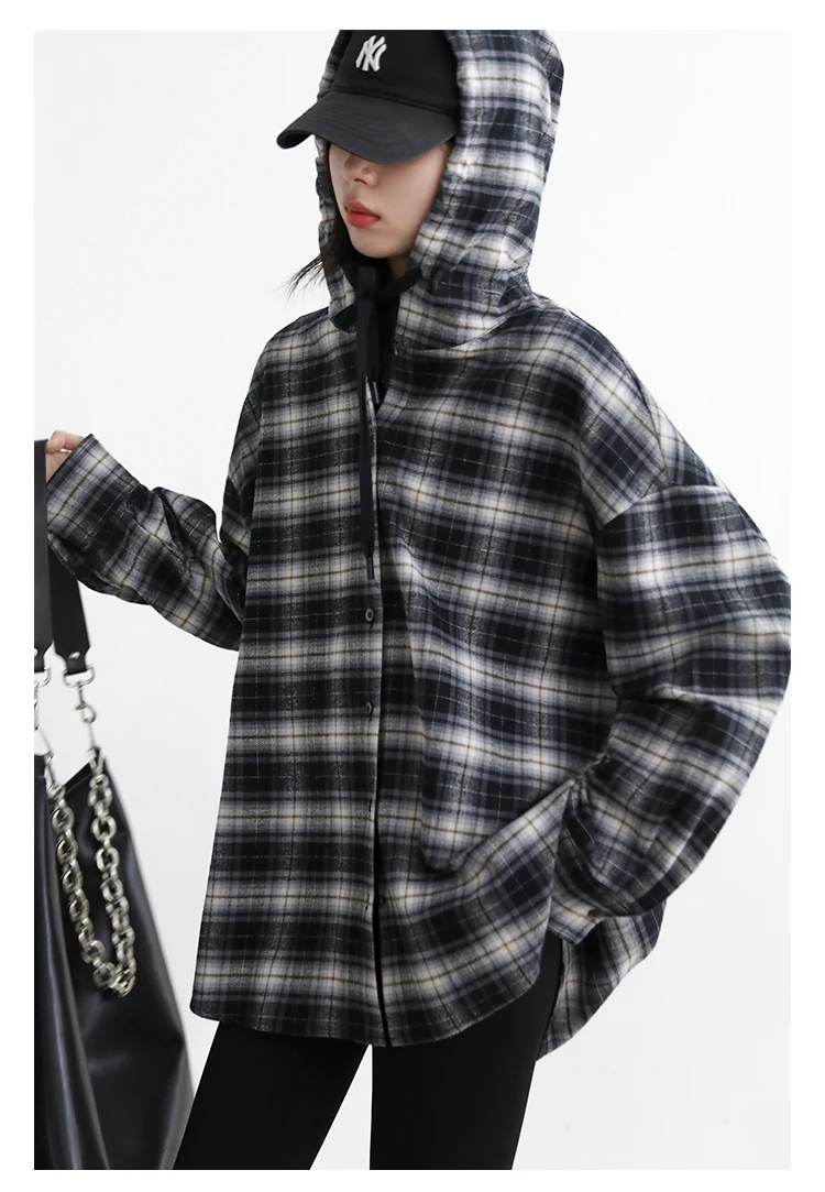 CHIC VEN Korean Women Shirt New Cotton Brushed Hooded Plaid Blouses Long Sleeved Oversize Female Coat Autumn Winter 2025