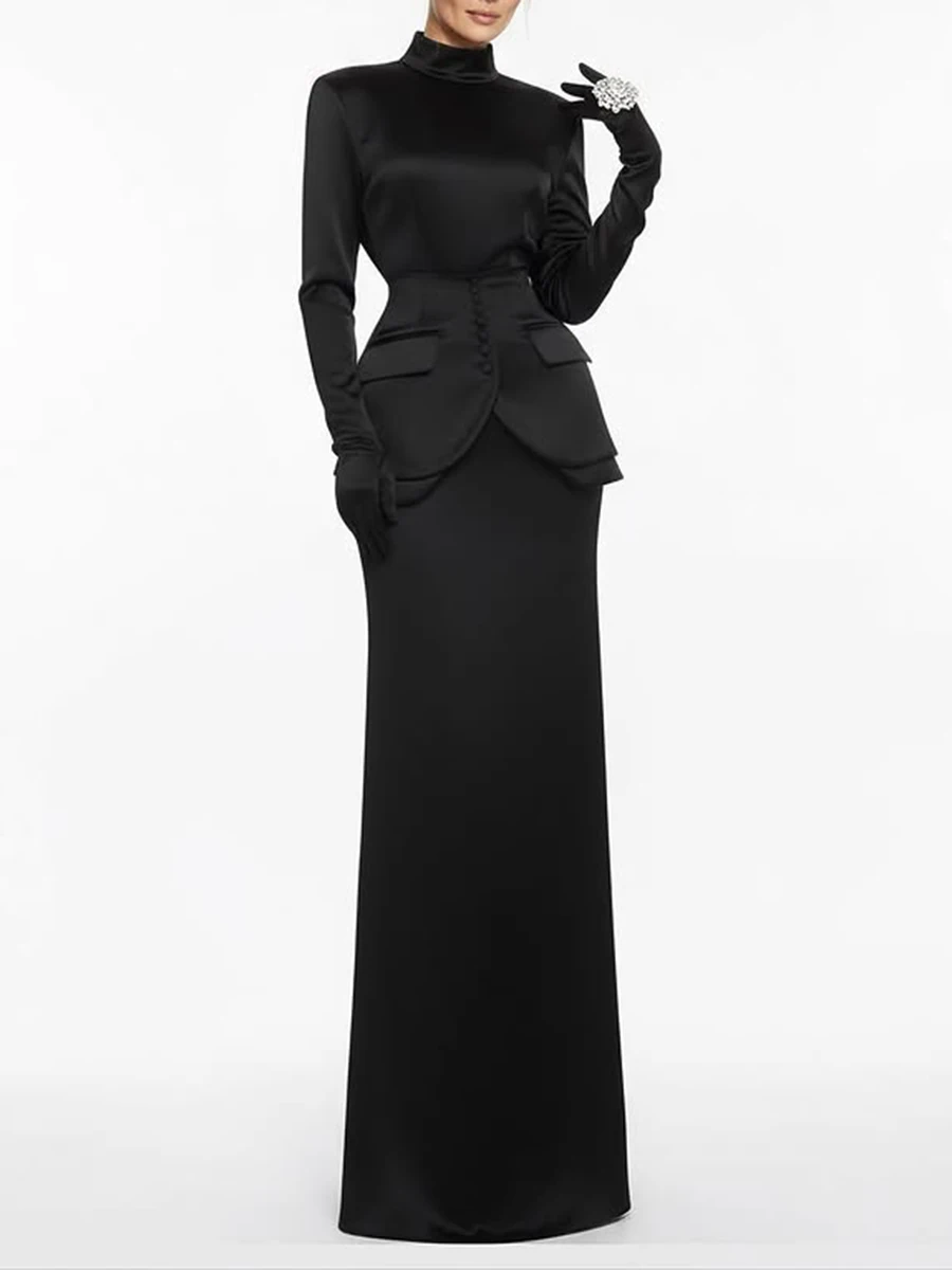 TWOTWINSTYLE Solid Slimming Two Piece Sets for Women Stand Neck Long Sleeves Tunic Top High Waist Skirt Elegant Set Female New