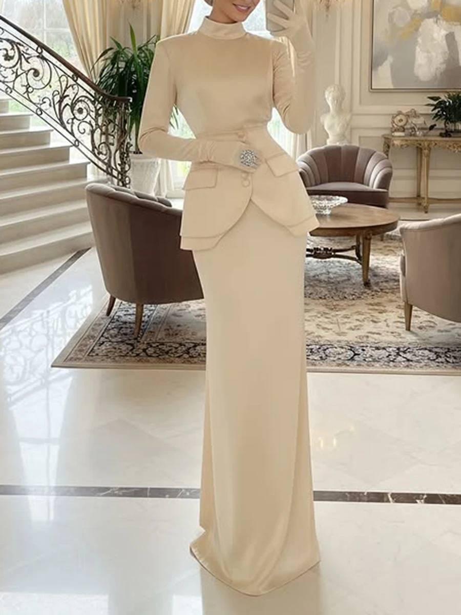 TWOTWINSTYLE Solid Slimming Two Piece Sets for Women Stand Neck Long Sleeves Tunic Top High Waist Skirt Elegant Set Female New