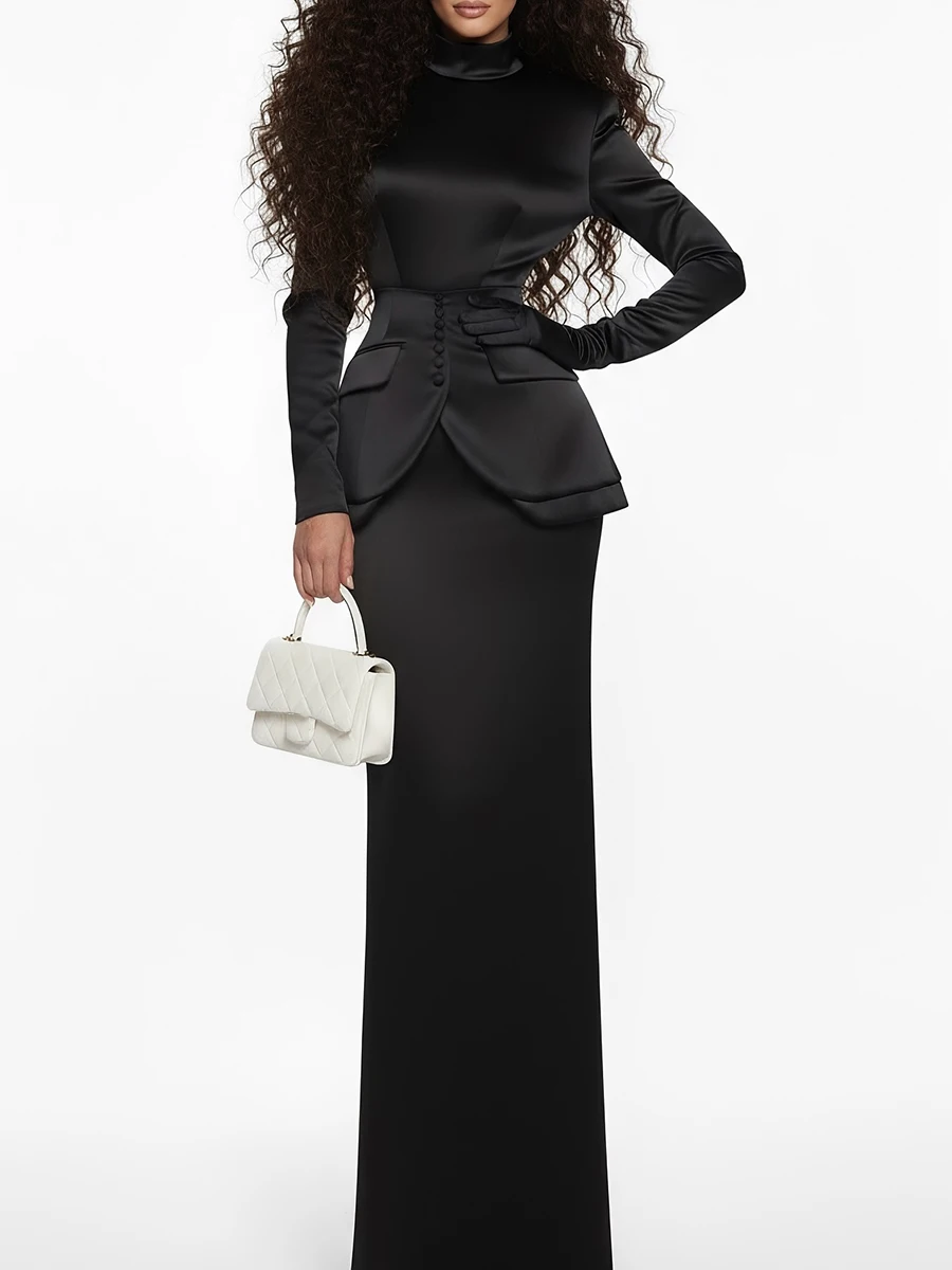 TWOTWINSTYLE Solid Slimming Two Piece Sets for Women Stand Neck Long Sleeves Tunic Top High Waist Skirt Elegant Set Female New