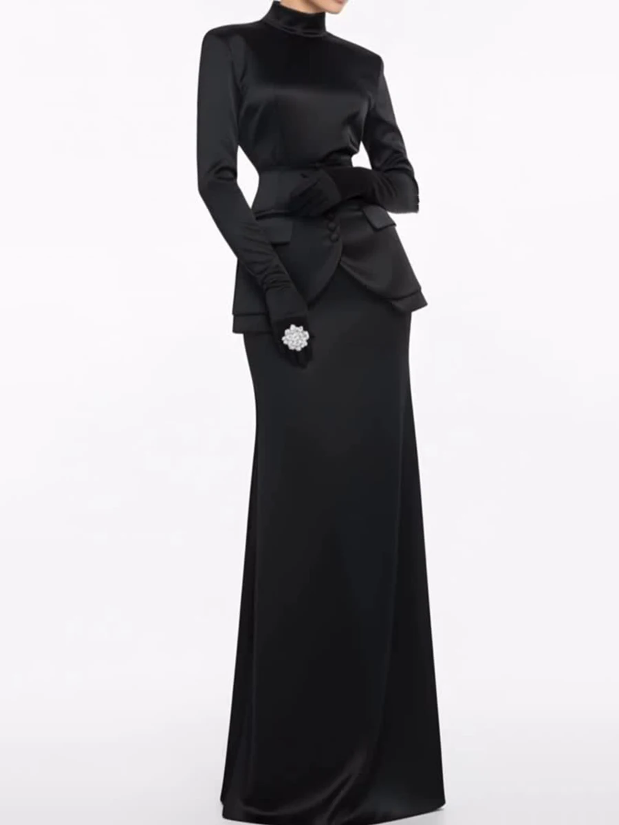 TWOTWINSTYLE Solid Slimming Two Piece Sets for Women Stand Neck Long Sleeves Tunic Top High Waist Skirt Elegant Set Female New