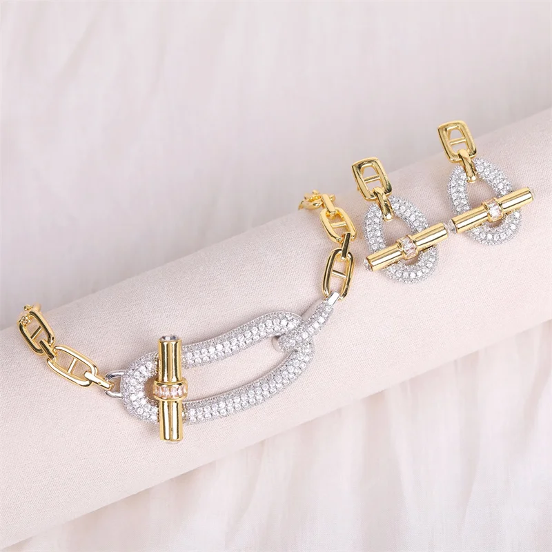 18k Gold Plated Copper Zircon OT Buckle Necklace Bracelets Ring Earring For Women Party Banquet Jewelry Set Accessory