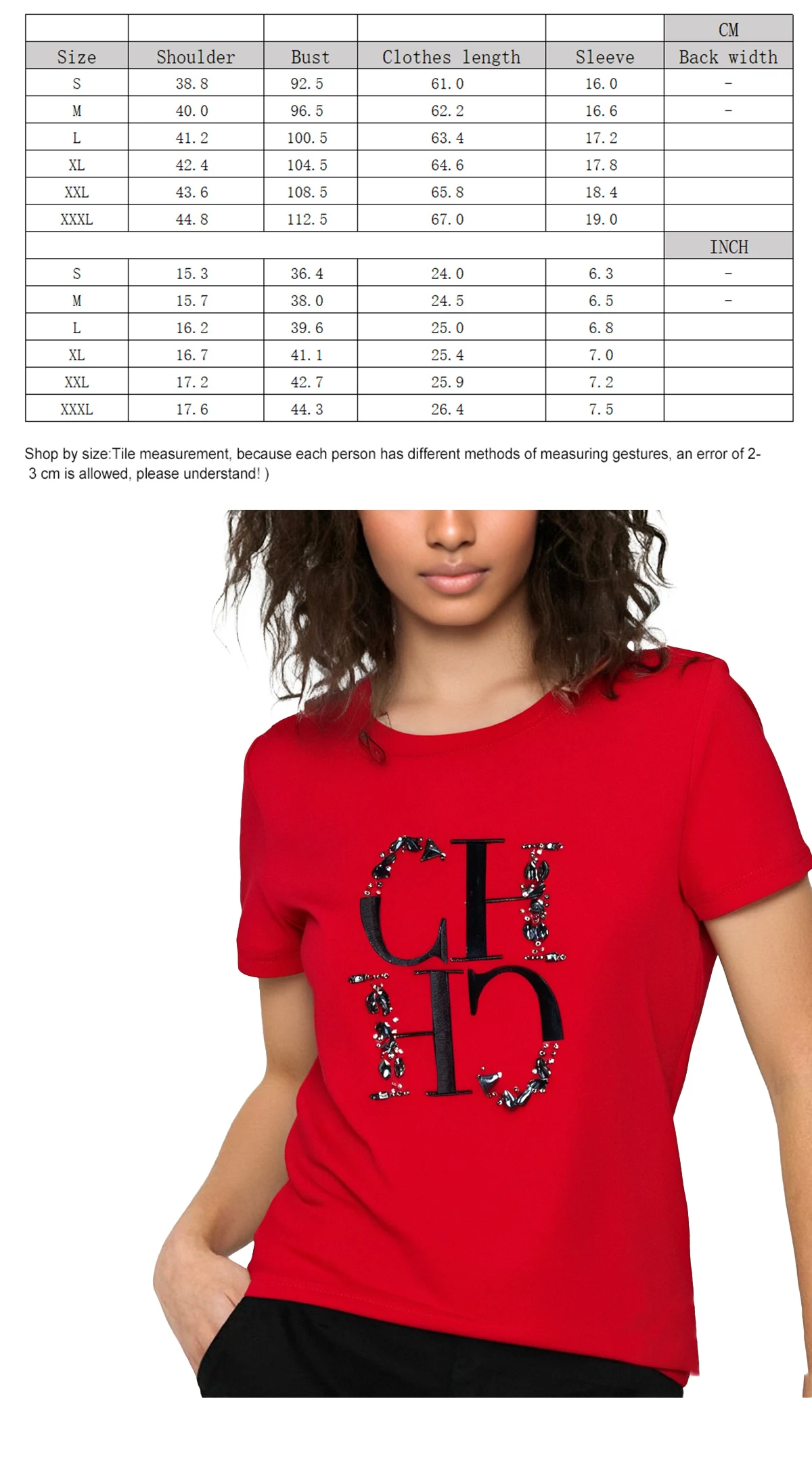 CHCH Women's T-shirt Fashion Hand Embroidered Casual Round Neck Tops