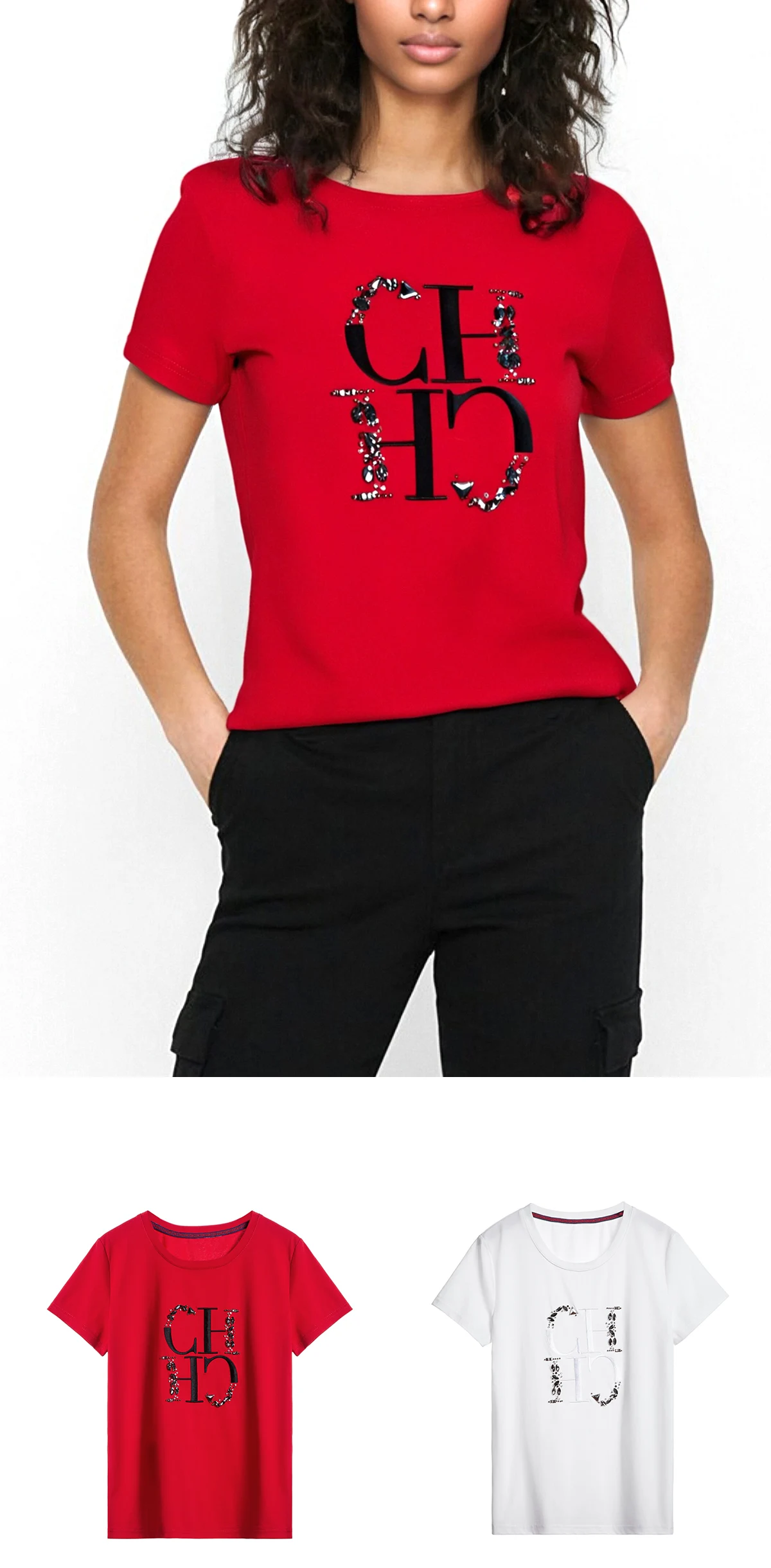 CHCH Women's T-shirt Fashion Hand Embroidered Casual Round Neck Tops