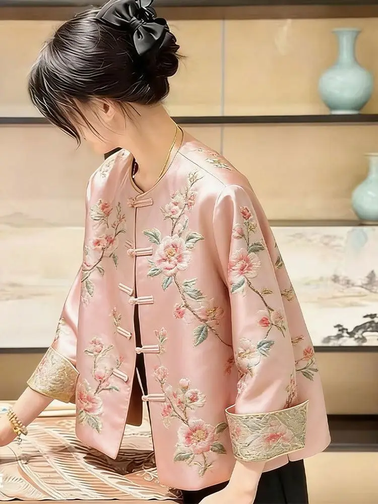 High Quality Print Coat Premium Sense New coat Women's Spring Autumn Jacket 2026 New Popular Retro Tang Top Pink Jacket
