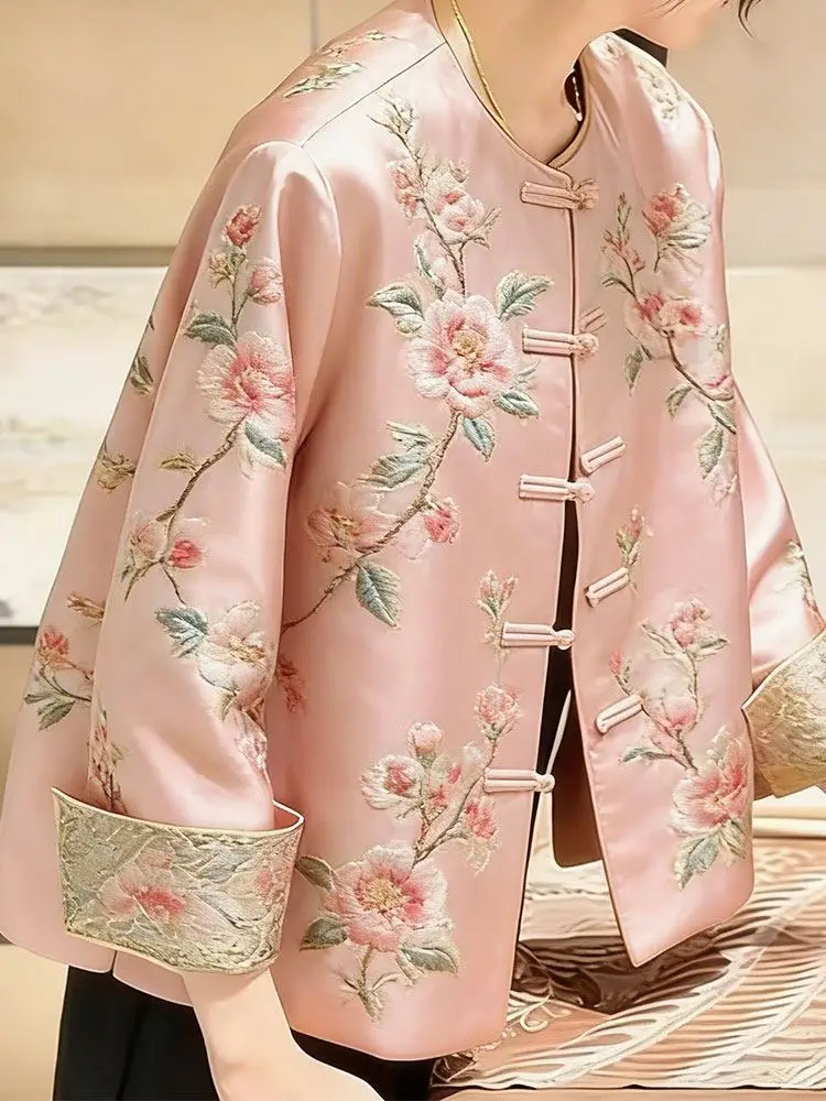 High Quality Print Coat Premium Sense New coat Women's Spring Autumn Jacket 2026 New Popular Retro Tang Top Pink Jacket