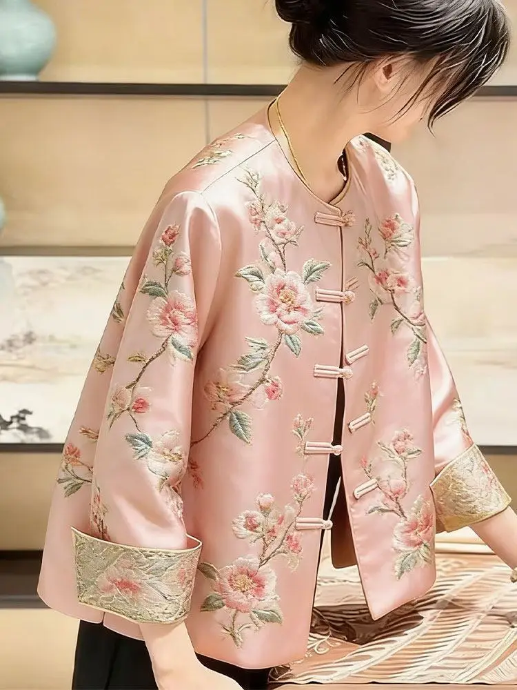 High Quality Print Coat Premium Sense New coat Women's Spring Autumn Jacket 2026 New Popular Retro Tang Top Pink Jacket