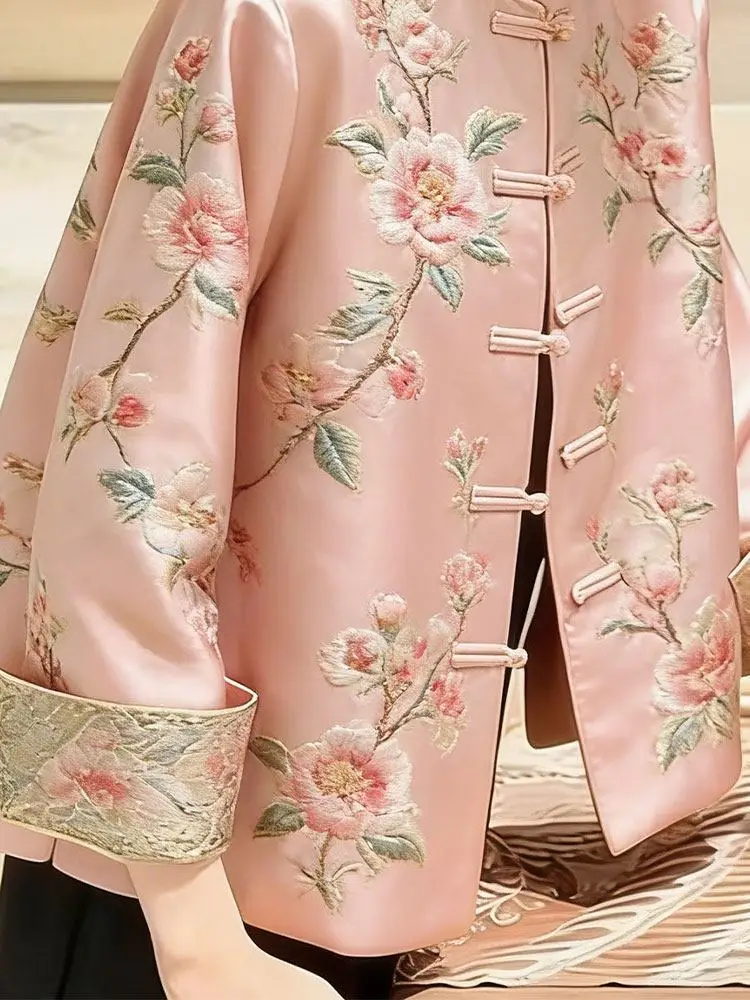 High Quality Print Coat Premium Sense New coat Women's Spring Autumn Jacket 2026 New Popular Retro Tang Top Pink Jacket