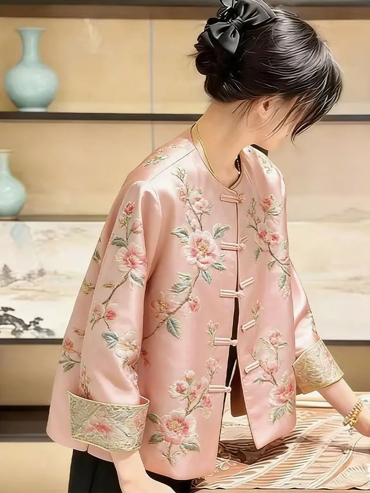 High Quality Print Coat Premium Sense New coat Women's Spring Autumn Jacket 2026 New Popular Retro Tang Top Pink Jacket