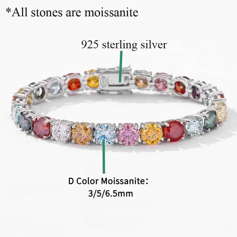 TY 3MM 5MM 6.5MM Colored Tennis Moissanite Gemstone Bracelets Hand Chain 100% 925Sterling Sier Fine Jewelry Party Gift