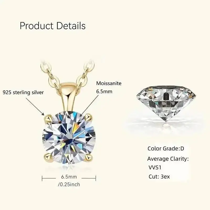 Ty 6.5mm 1 Carat D Moissanite Solitaire Drop Necklaces 18K Gold Plated Pendant Original Real 925 Silver Chain Jewelry For Women