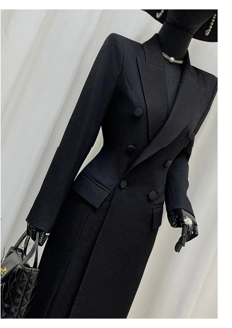 Lautaro Spring Autumn Long Black Fitted Blazer Coat for Women Double Breasted Elegant Luxury Chic European Fashion Overcoat 2025