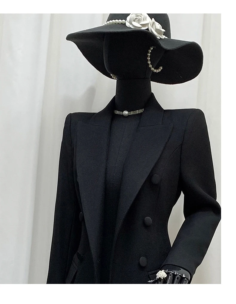 Lautaro Spring Autumn Long Black Fitted Blazer Coat for Women Double Breasted Elegant Luxury Chic European Fashion Overcoat 2025