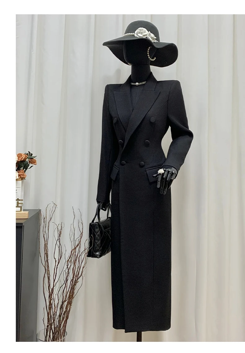 Lautaro Spring Autumn Long Black Fitted Blazer Coat for Women Double Breasted Elegant Luxury Chic European Fashion Overcoat 2025