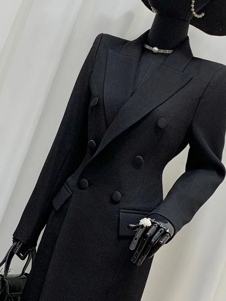 Lautaro Spring Autumn Long Black Fitted Blazer Coat for Women Double Breasted Elegant Luxury Chic European Fashion Overcoat 2025