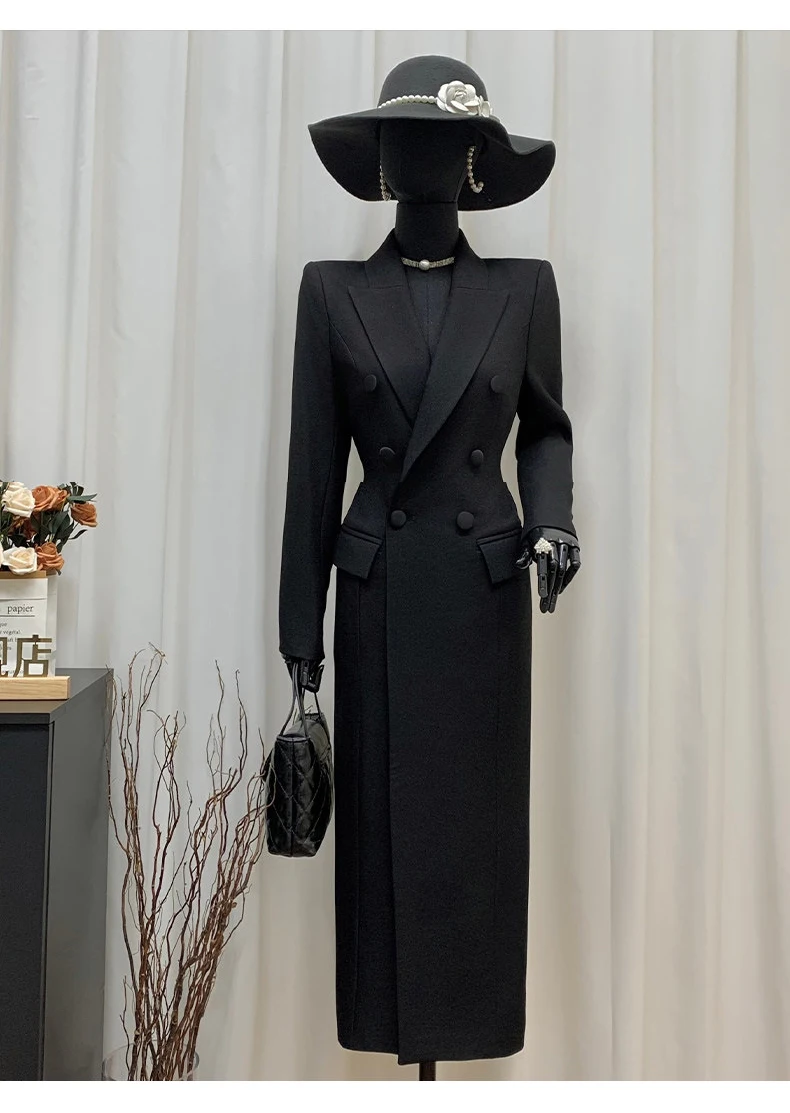 Lautaro Spring Autumn Long Black Fitted Blazer Coat for Women Double Breasted Elegant Luxury Chic European Fashion Overcoat 2025