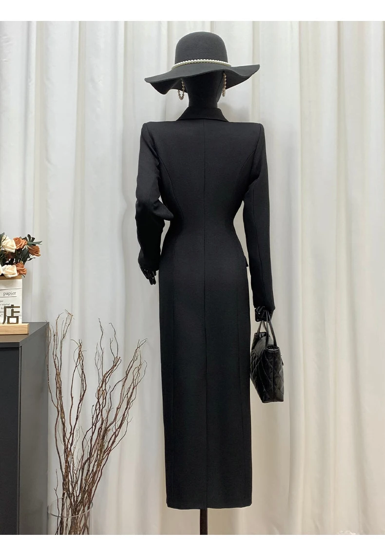 Lautaro Spring Autumn Long Black Fitted Blazer Coat for Women Double Breasted Elegant Luxury Chic European Fashion Overcoat 2025
