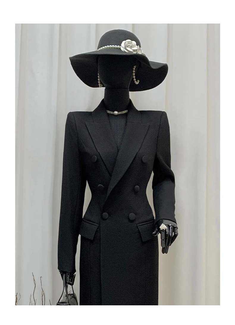 Lautaro Spring Autumn Long Black Fitted Blazer Coat for Women Double Breasted Elegant Luxury Chic European Fashion Overcoat 2025