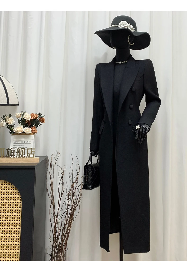 Lautaro Spring Autumn Long Black Fitted Blazer Coat for Women Double Breasted Elegant Luxury Chic European Fashion Overcoat 2025